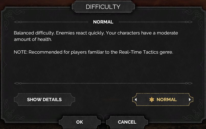 Collapsed Normal difficulty dialog with preset selector, Show Details, OK, and Cancel controls.