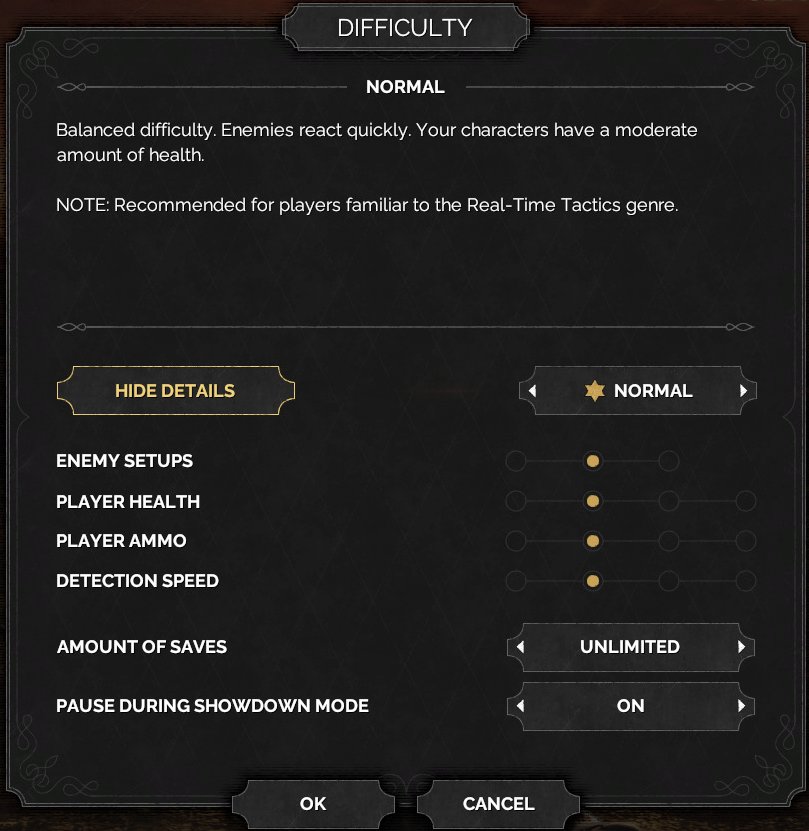Expanded Difficulty dialog showing gameplay parameter rows for the Normal preset.
