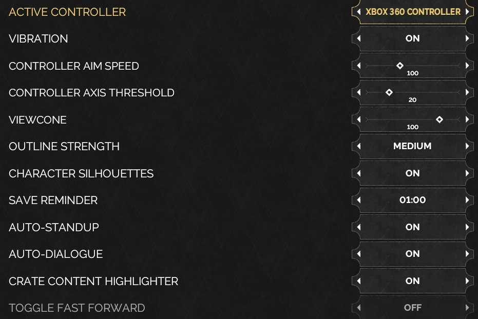 Tight crop of the gameplay settings rows and value controls
