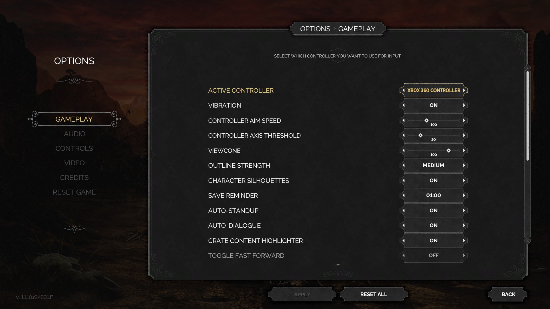 Gameplay Settings List preview