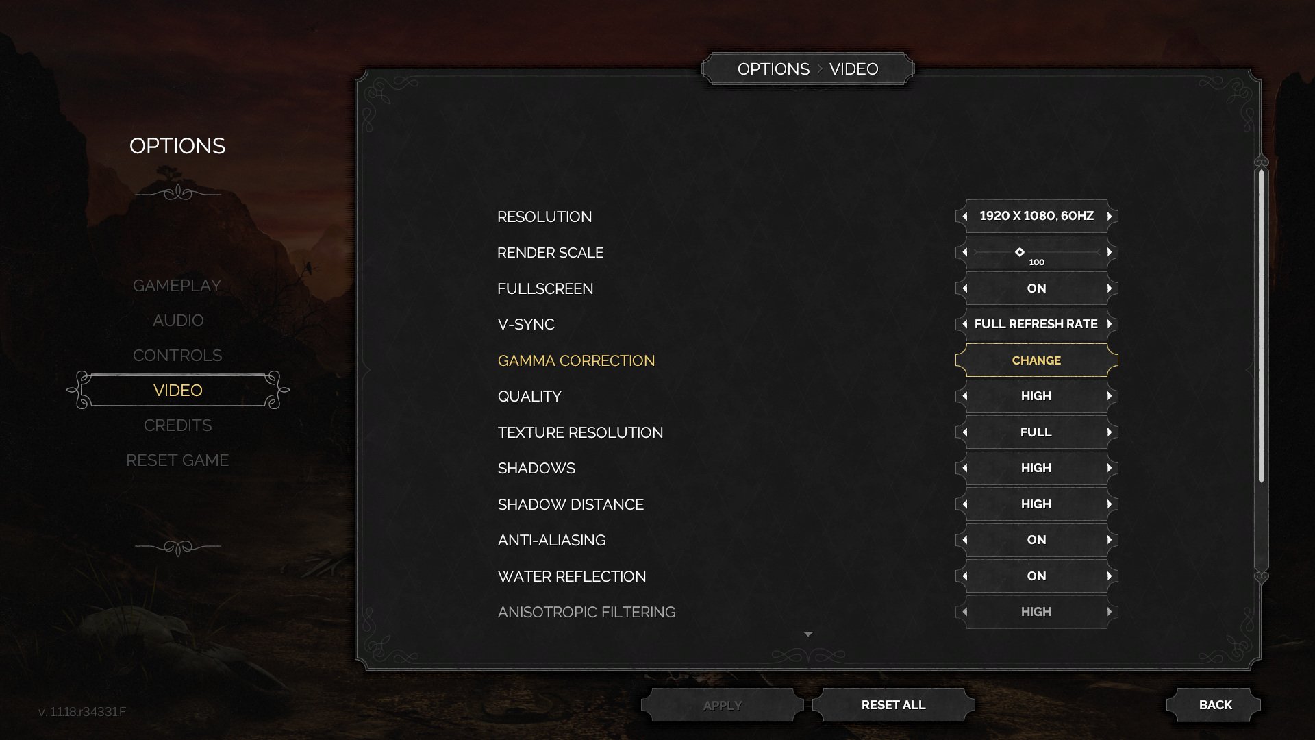 Full-screen context showing the Options > Video settings panel within the main options menu.