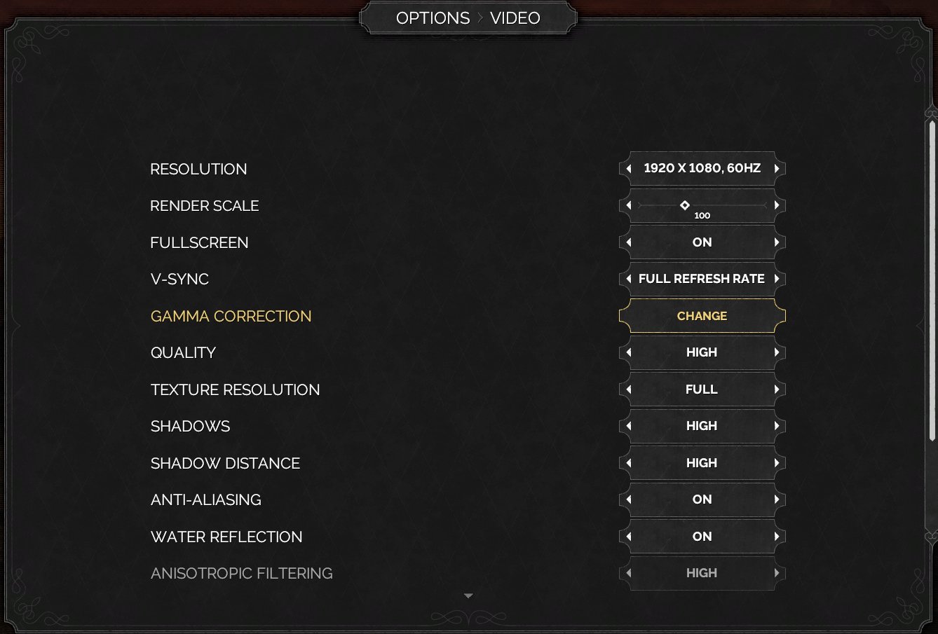 Tight crop of the Display and Video settings list with graphics option rows and value selectors.
