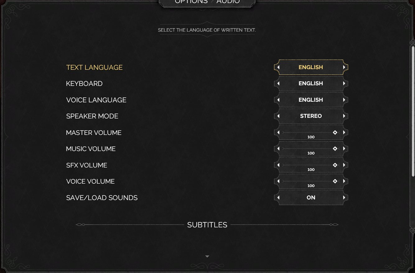 Cropped Audio settings panel with language selectors, speaker mode, volume sliders, and subtitle divider