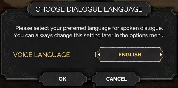 Choose Dialogue Language modal with dropdown, OK, and Cancel buttons