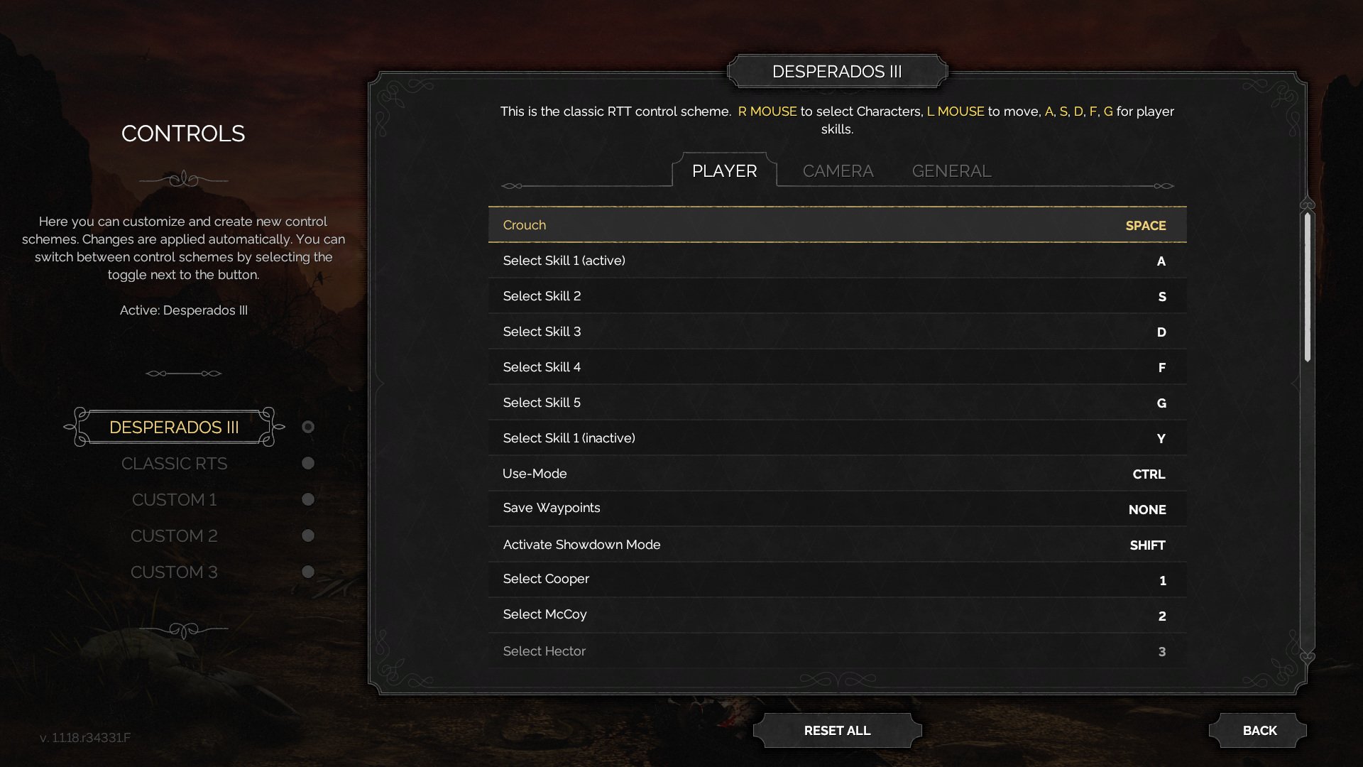Controls screen showing the central key bindings table