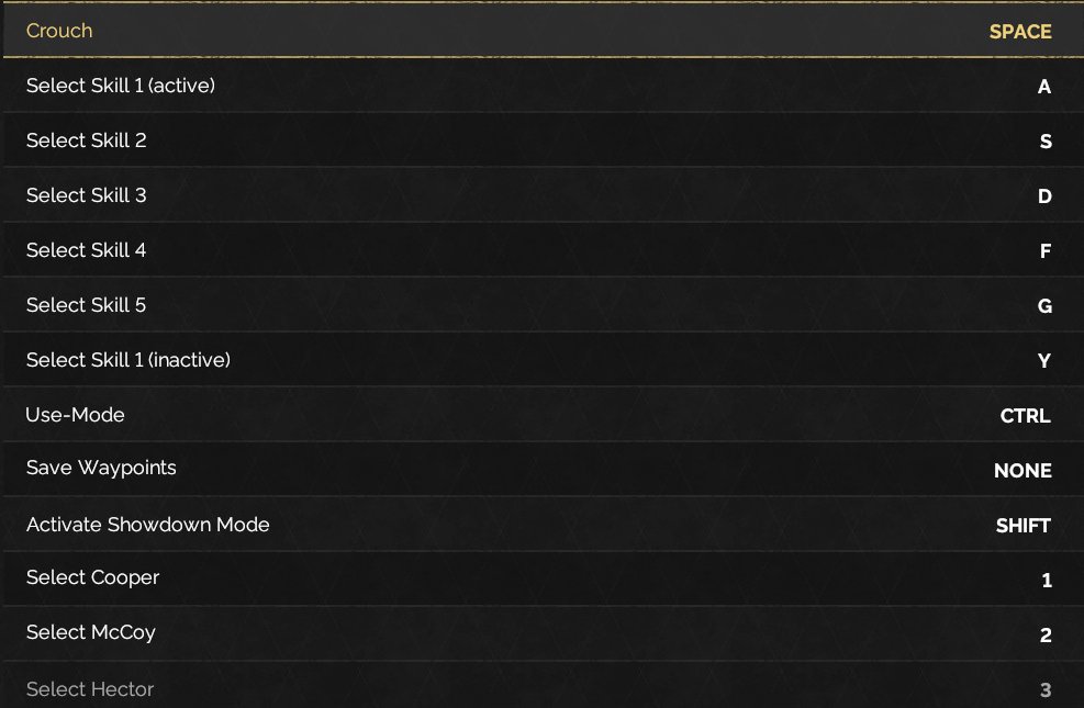 Cropped key bindings list showing action names and assigned keys