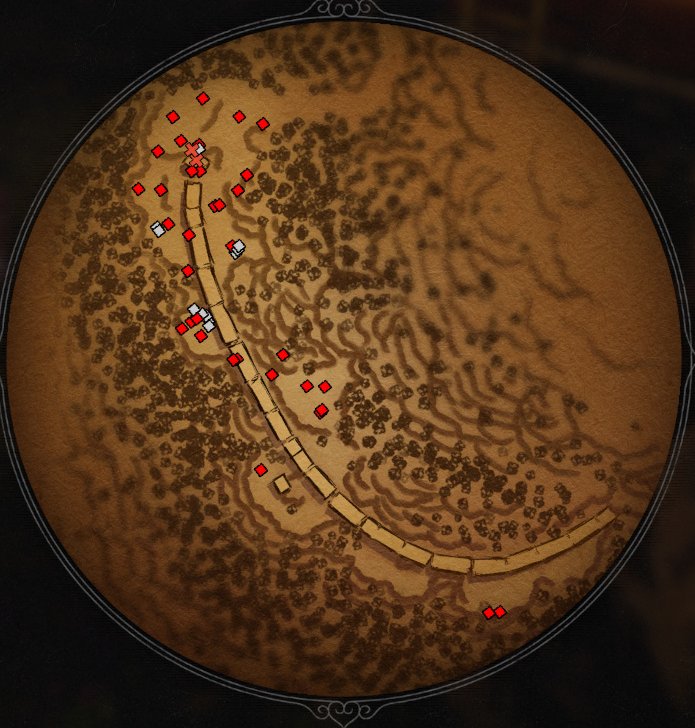 Circular mission area map with terrain and tactical markers