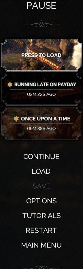 Left pause menu column with recent save slots and stacked menu actions