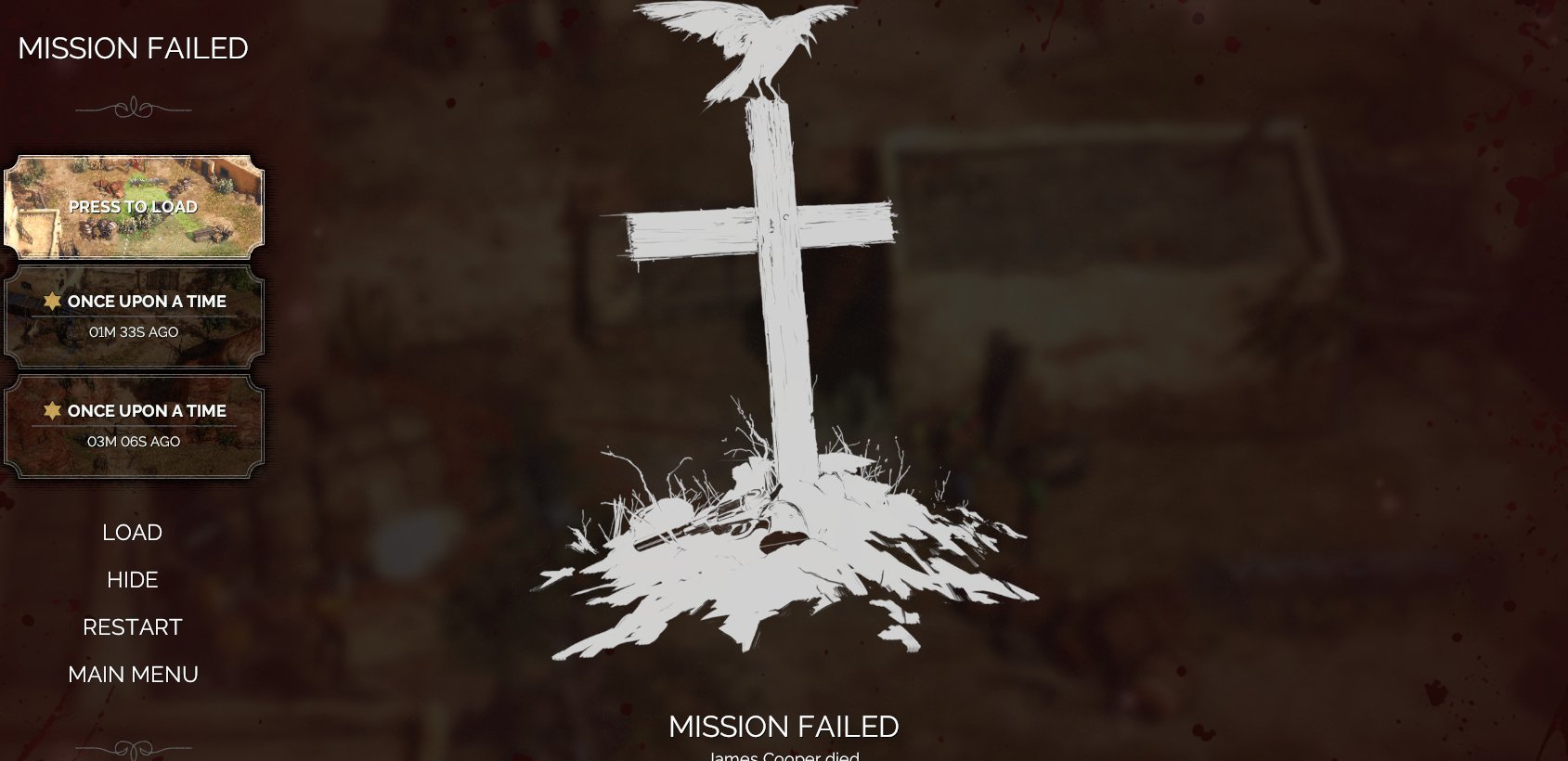 Cropped Mission Failed recovery panel with save entries and recovery actions