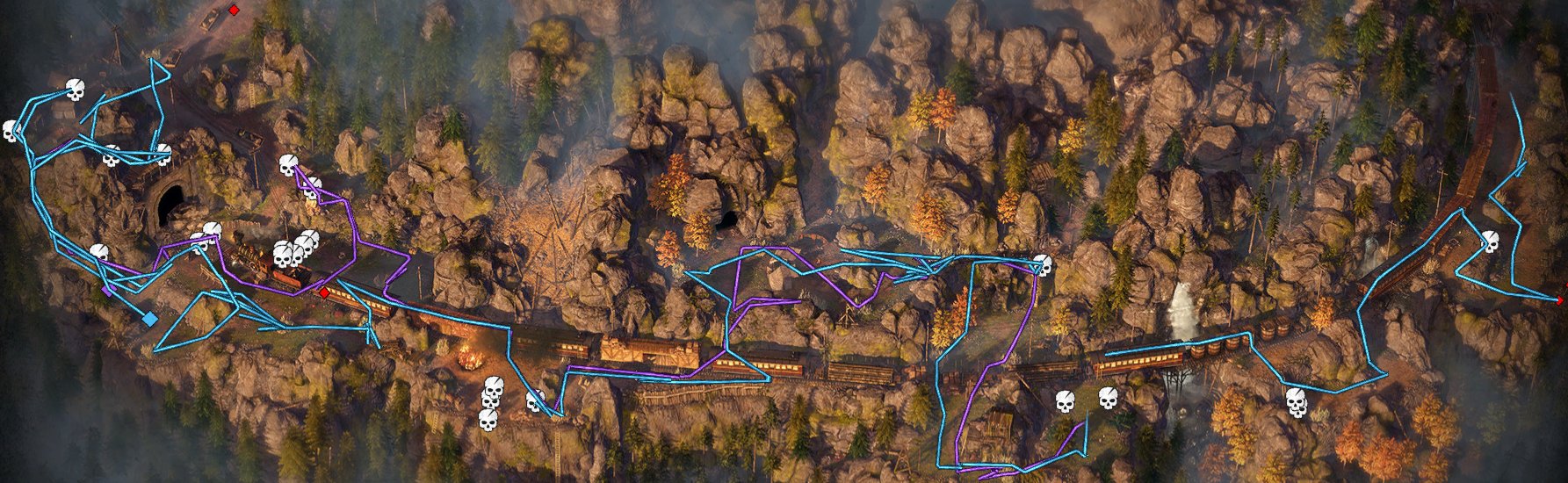 Replay map overlay showing route lines and kill/event markers