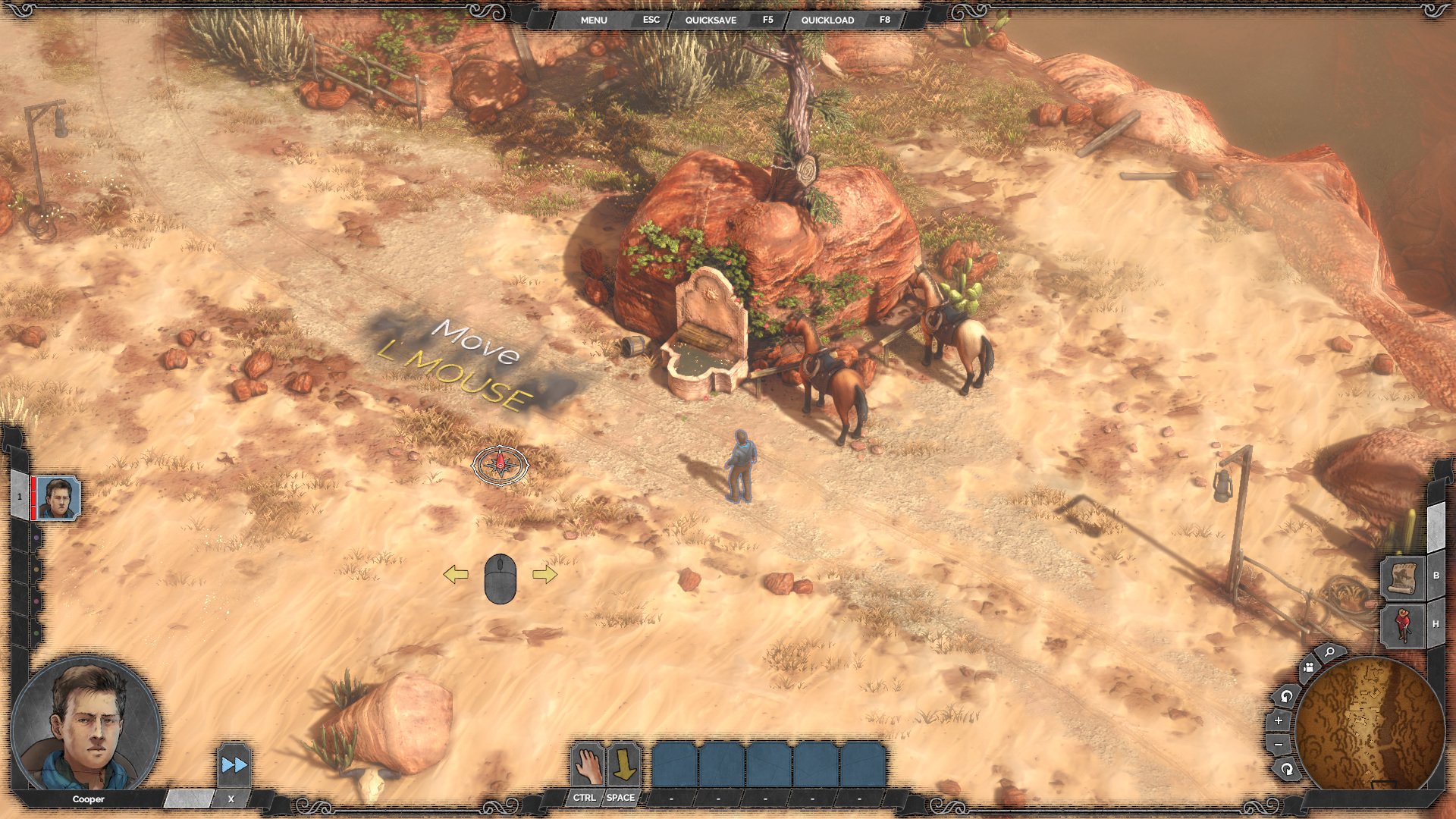 Annotated gameplay context showing the movement tutorial prompt location.