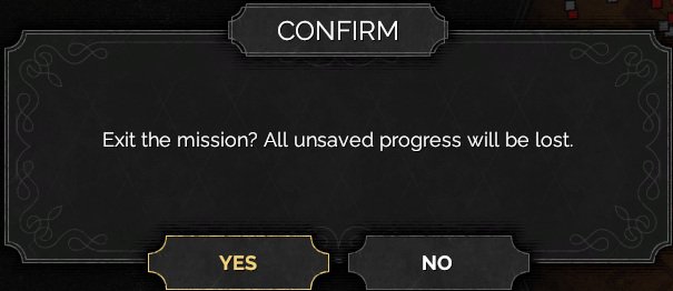 Exit-current-mission confirmation modal over the pause and map screen.