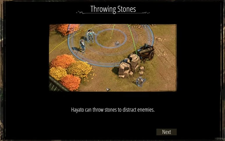 Throwing Stones tutorial popup with title, image, explanation text, and Next button