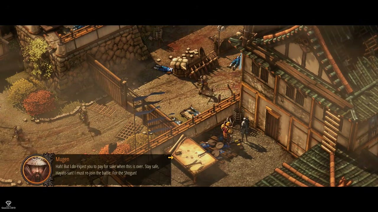 Full gameplay frame with subtitle panel at the bottom-left