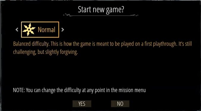 Start new game dialog showing Normal difficulty selected with yellow shuriken icon
