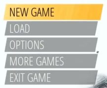 Menu button stack showing New Game, Load, Options, More Games, and Exit Game