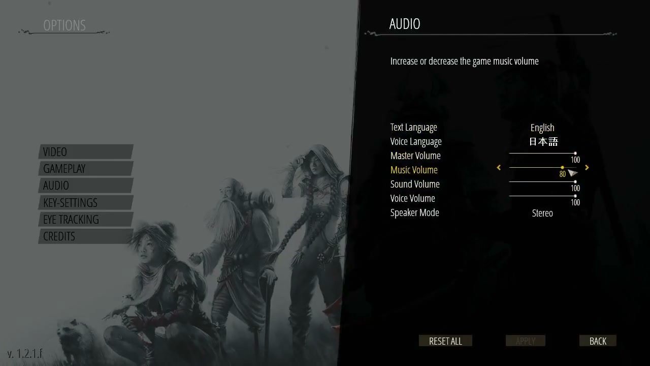 Audio settings panel with language selectors, volume sliders, speaker mode, and action buttons