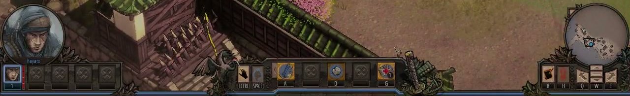 Full bottom gameplay HUD bar showing character portraits, ability buttons, healing item slot, and minimap