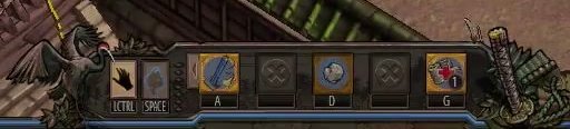 Center ability command bar with context actions, available abilities, unavailable slots, and healing item