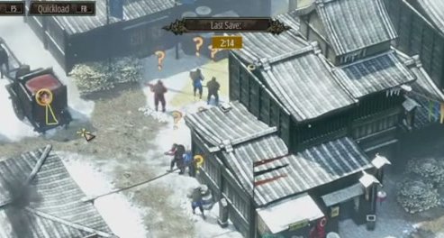 Gameplay frame showing yellow question marks above guards during investigation