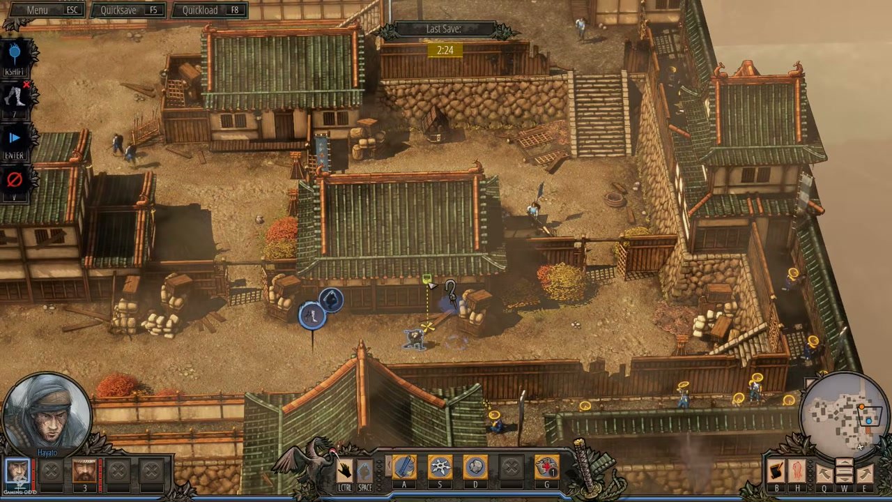 Full gameplay frame showing Shadow Mode active with queued action icons, active-character overlay, command stack, portraits, action bar, and minimap